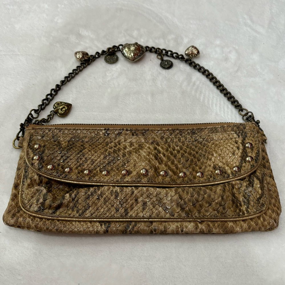 KATHY VAN ZEELAND Faux Snakeskin Wallet Wristlet Purse with Ornate Chain - brown